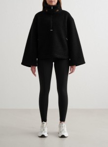 Damski anorak z materiału teddy sherpa, luźny krój, półzamek czarny