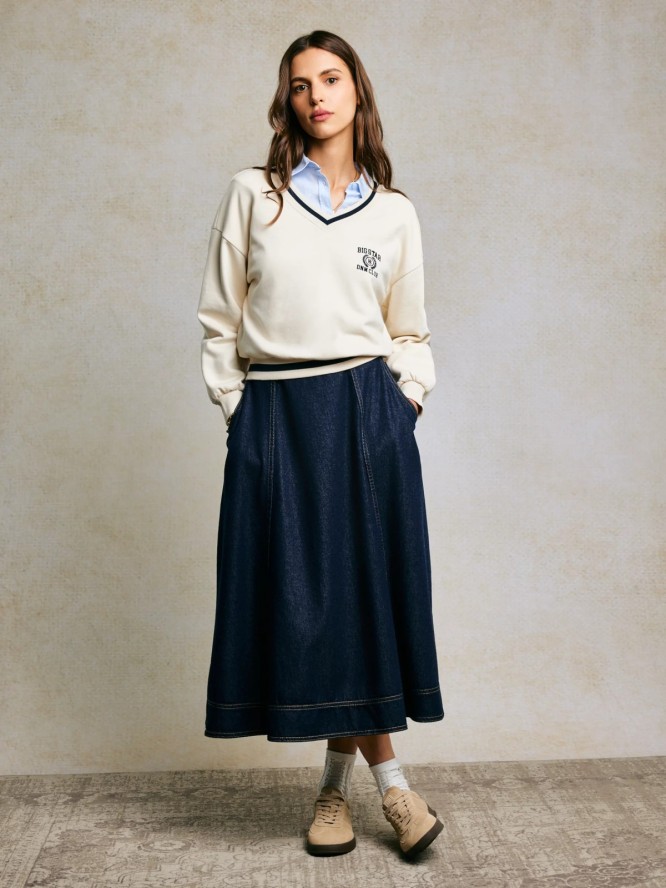 Spódnica damska midi jeansowa rozkloszowana granatowa Scarlet 652