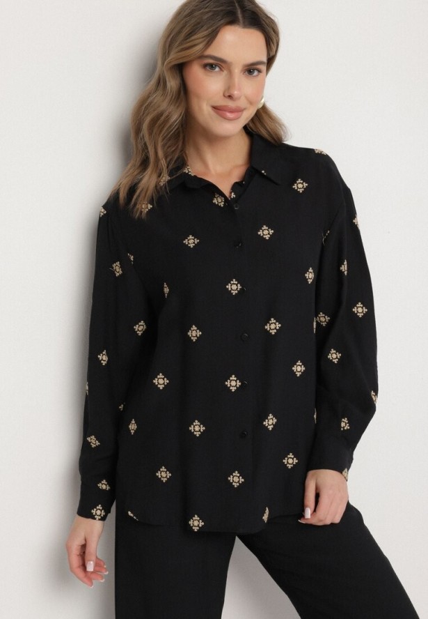 Czarny Komplet z Wiskozy o Kroju Oversize Koszula z Haftem i Spodnie Sadeonna