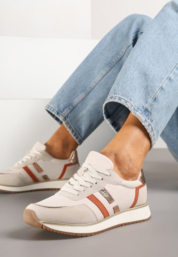Beżowe Sneakersy z Ozdobnymi Paskami i Metalicznymi Wstawkami Alanissea
