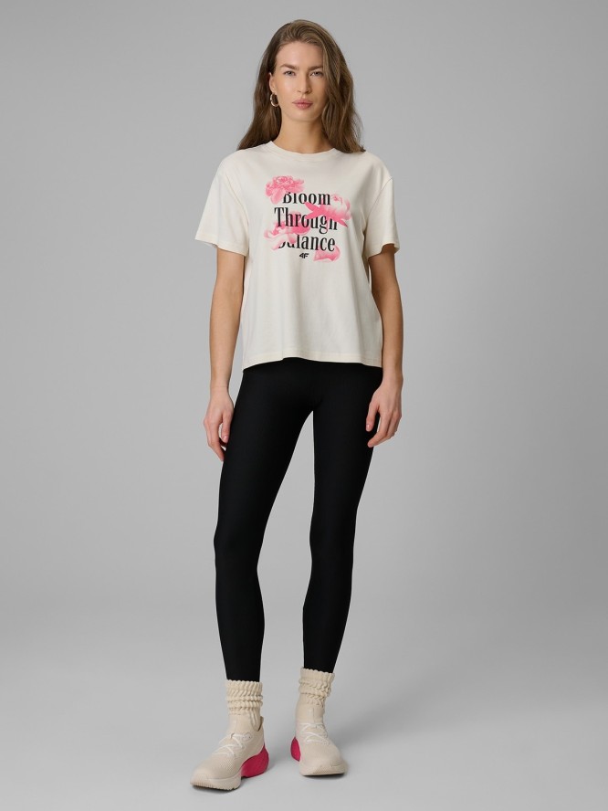 4F T-shirt regular z nadrukiem damski - beżowy S