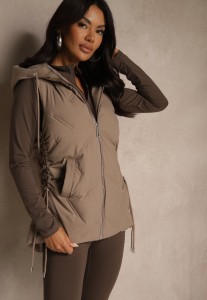 Ciemnobeżowa Pikowana Kamizelka z Kapturem w Stylu Basic Cleopie