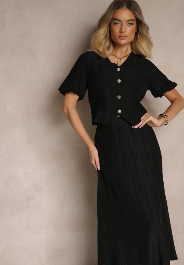 Czarny Komplet z Wiskozy Koszula i Spódnica o Rozkloszowanym Kroju Nanorela