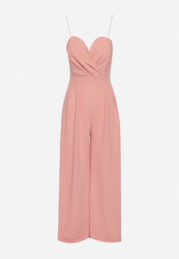 Różowy Kombinezon z Trójkątnym Dekoltem na Cienkich Ramiączkach Iliantia