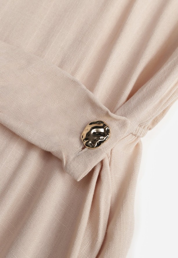 Beżowa Wiskozowa Sukienka Koszulowa z Marszczeniem i Guzikiem w Talii Lennatha