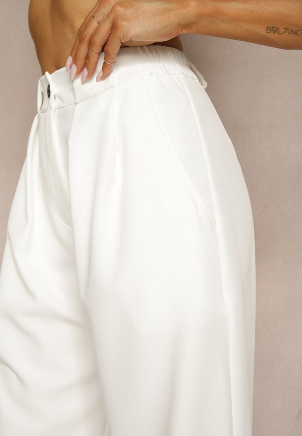 Białe Szerokie Spodnie High Waist o Garniturowym Kroju z Zakładkami Uliadorea