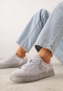 Niebieskie Sneakersy z Zamszu z Ozdobnym Suwakiem i Perforacją i Skórzaną Wkładką Sewtena