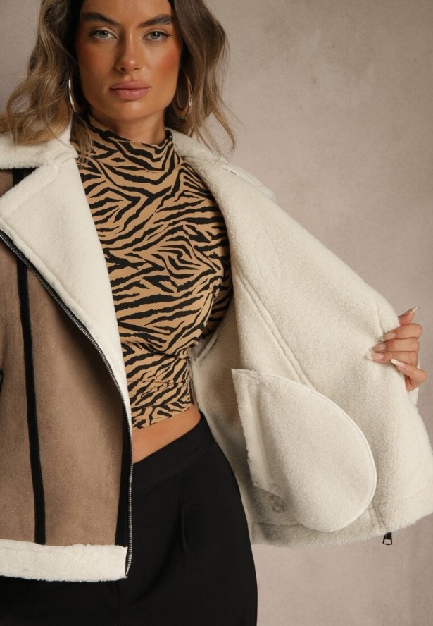 Ciemnobeżowa Kurtka Ramoneska w Stylu Biker z Kożuszkiem i Sprzączkami Mendrie