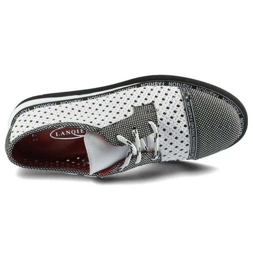 Półbuty damskie Lanqier, wykonane z materiału o otwartej ażurowej strukturze z kontrastowymi wzmocnieniami z klasycznym sznurowaniem, białe, 46C2339