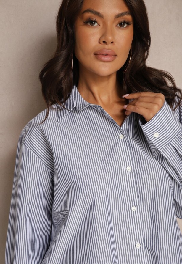 Granatowa Koszula Klasyczna w Paski Kaelena