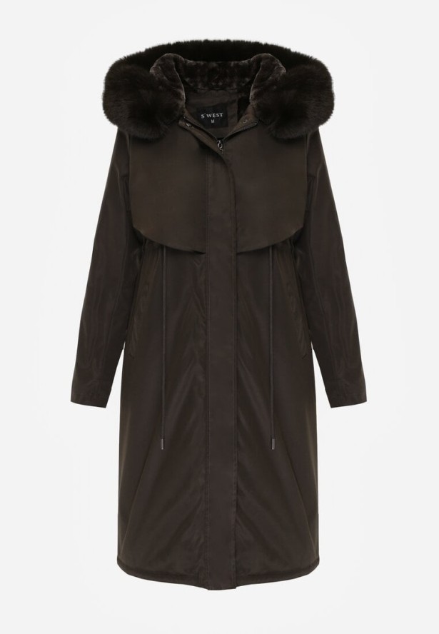 Zielona Kurtka za Kolano ze Ściągaczem i Kapturem z Futerkiem Adoresa