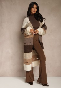 Beżowy Ażurowy Kardigan w Paski z Dodatkiem Wełny i Wiskozy o Długim Kroju Ilonine