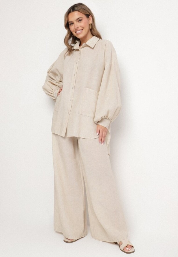 Beżowy Komplet Szerokie Spodnie i Koszula z Bufiastymi Rękawami Stellise