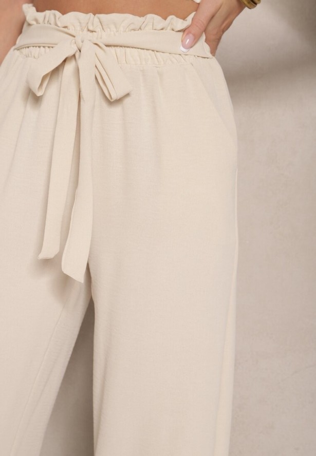 Beżowe Spodnie z Wiskozą o Szerokim Kroju High Waist z Wiązaniem Ivelwia