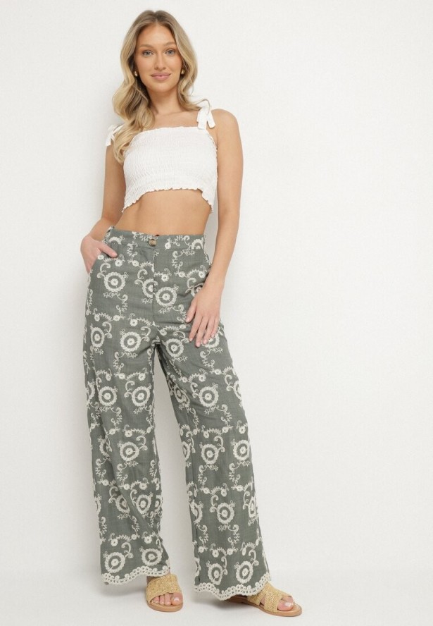 Ciemnozielone Szerokie Spodnie z Wysokim Stanem i Haftem Tulsedi