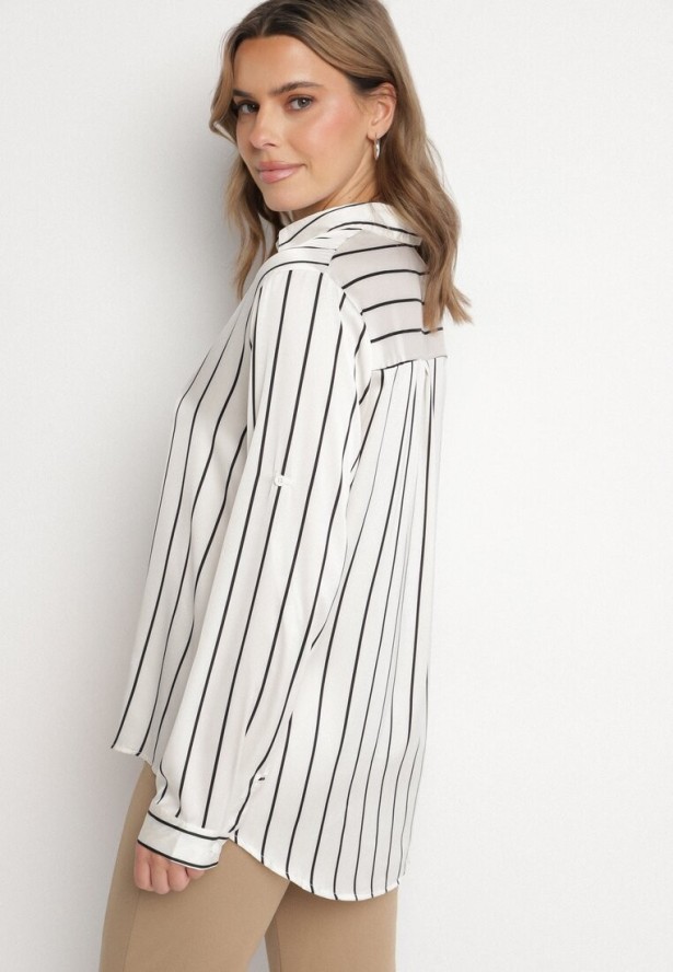 Biało-Czarna Koszula w Delikatne Paski z Podpinanymi Rękawami Berraza