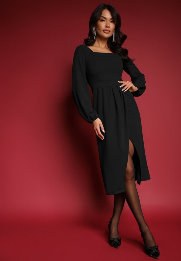 Czarna Sukienka Koktajlowa z Kwadratowym Dekoltem i Kopertowym Dołem Felinala