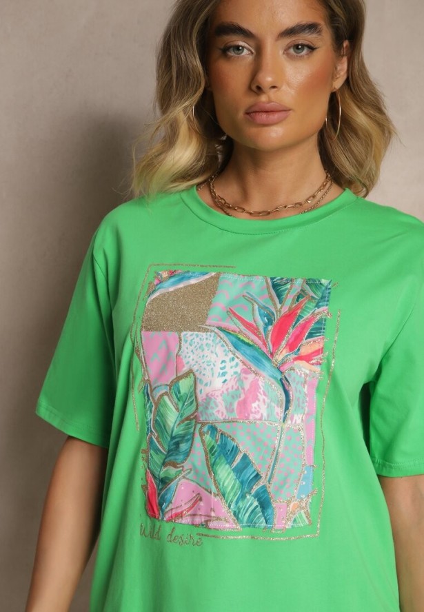 Zielony T-shirt z Bawełny Ozdobiony Brokatem Isadelle