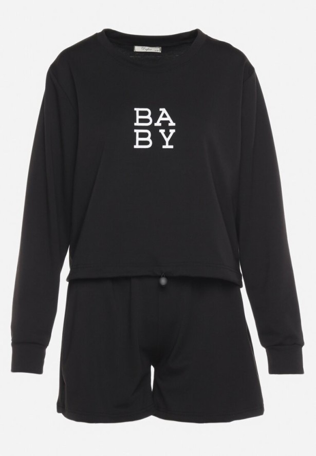 Czarny 2-Częściowy Komplet Dresowy Bluza z Nadrukiem i Luźne Szorty z Kieszeniami Ridana