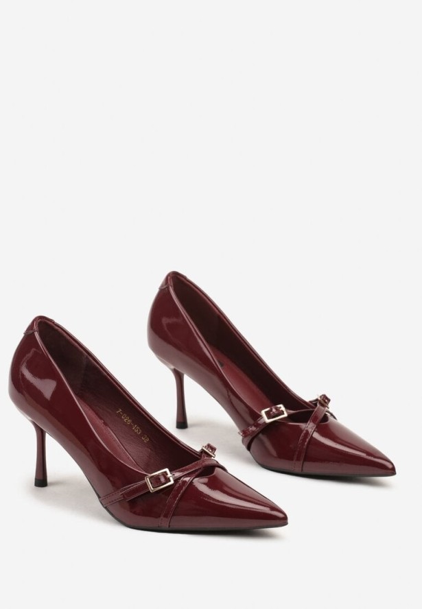 Bordowe Szpilki Vices Lakierowane Ozdobione Paskami z Klamrami Tameliae