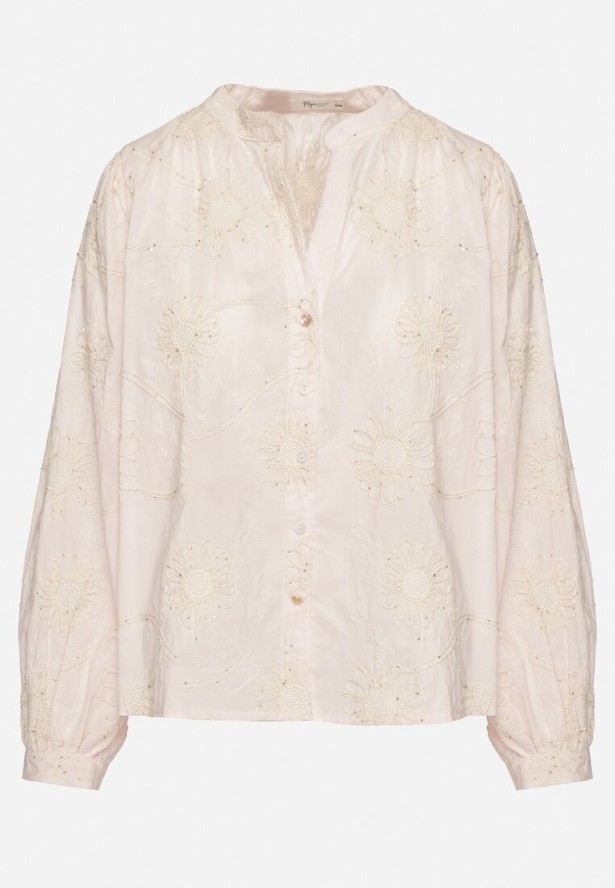 Różowa Bawełniana Koszula Zdobiona Haftem w Kwiatowy Wzór z Cekinami Gonirith