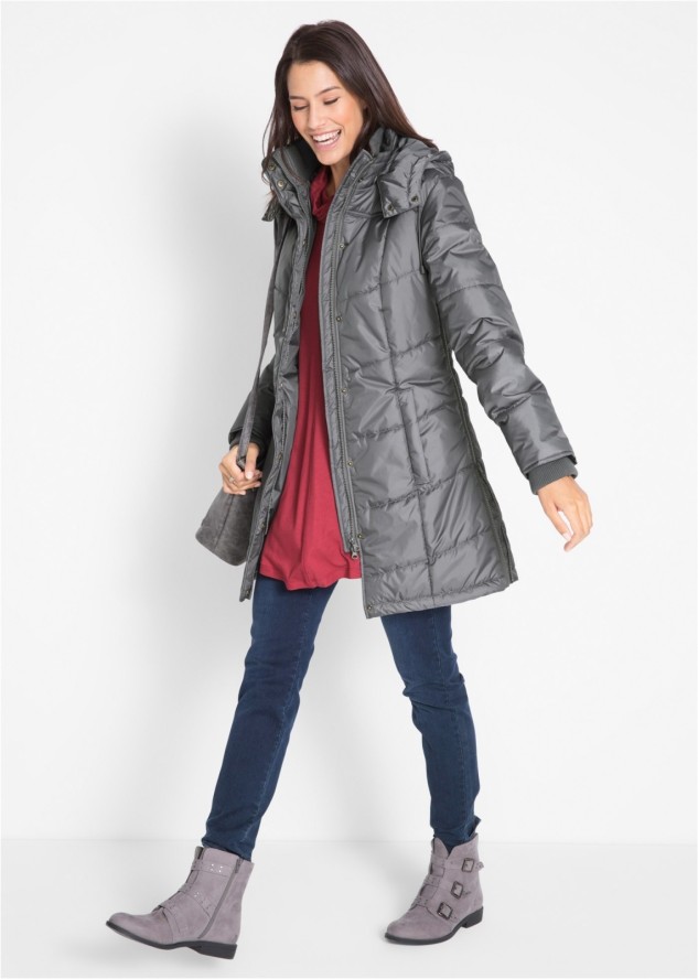 Długa kurtka pikowana, ocieplana, z kołnierzem i kapturem
