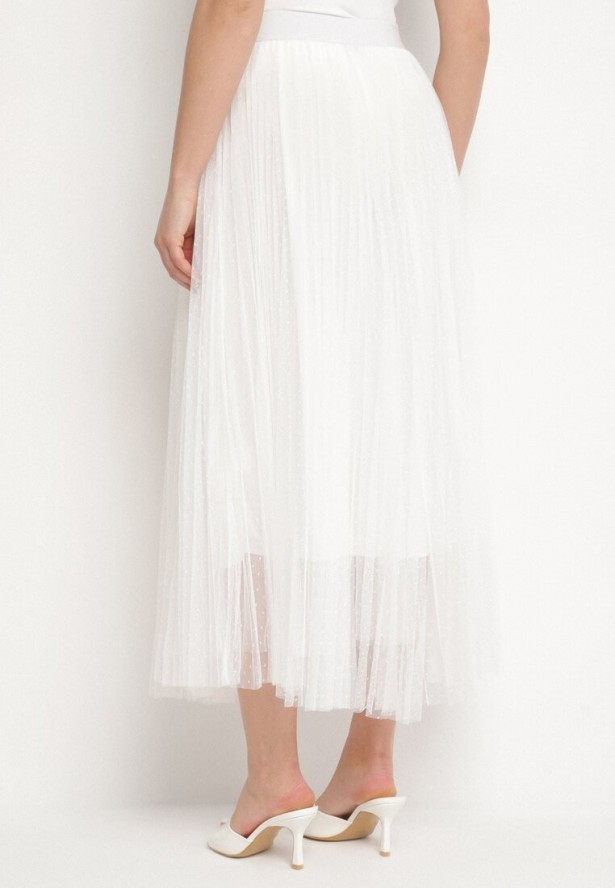 Biała Tiulowa Spódnica w Kropki o Rozkloszowanym Kroju Folirea