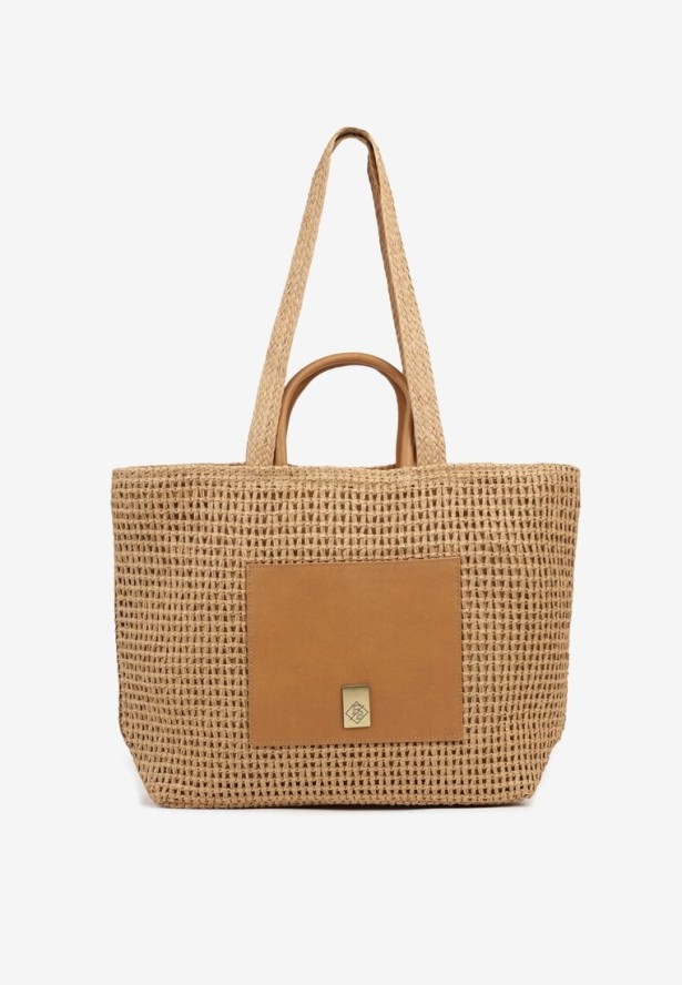 Ciemnobeżowa Pleciona Torebka Shopper z Metaliczną Ozdobą Feleriona