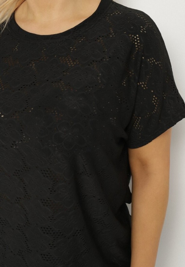 Czarna Ażurowa Bluzka z Bawełną Clavienne