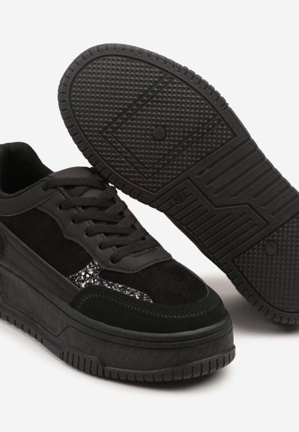 Czarne Sneakersy na Grubej Platformie z Tłoczeniem Ozdobione Wzorem w Panterkę Deolithra