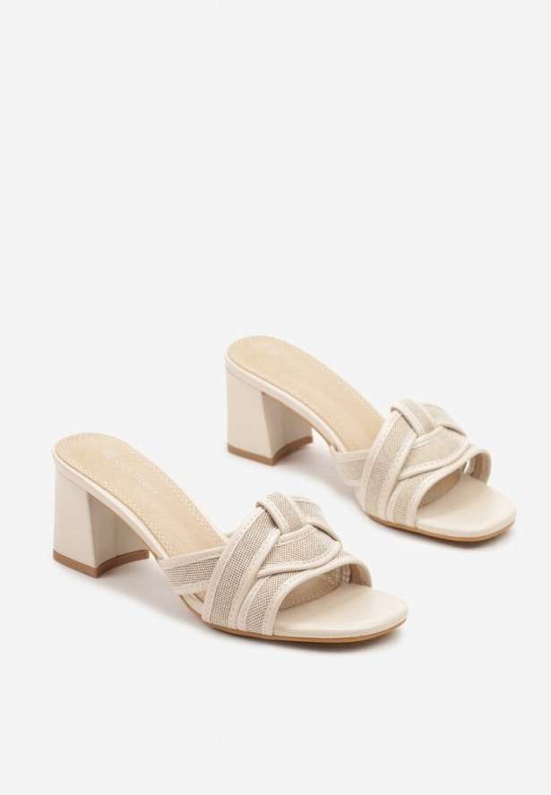 Beżowe Klapki na Obcasie z Geometryczną Cholewką Ellinea