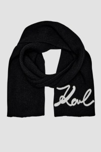 KARL LAGERFELD Czarny szalik damski Logo Signature z domieszką wełny