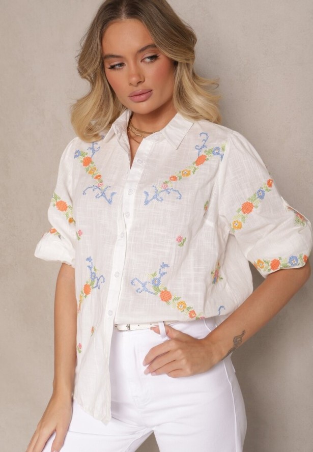 Biała Bawełniana Koszula z Haftem i Regulacją przy Rękawach Donithia