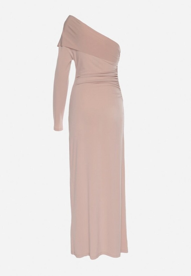 Ciemnobeżowa Wieczorowa Sukienka Taliowana na Jedno Ramię Wilnesta