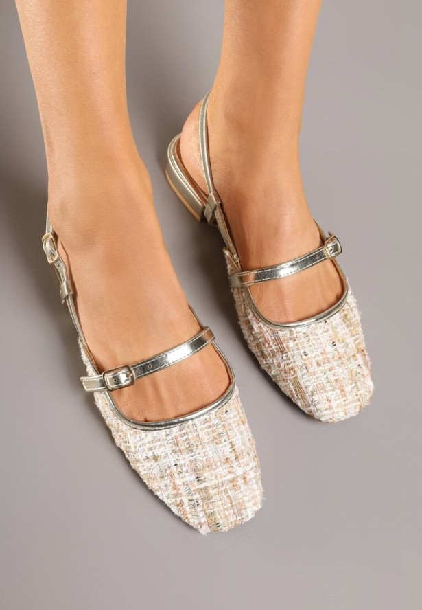 Beżowo-Złote Tweedowe Sandały Typu Slingback Ellimirae