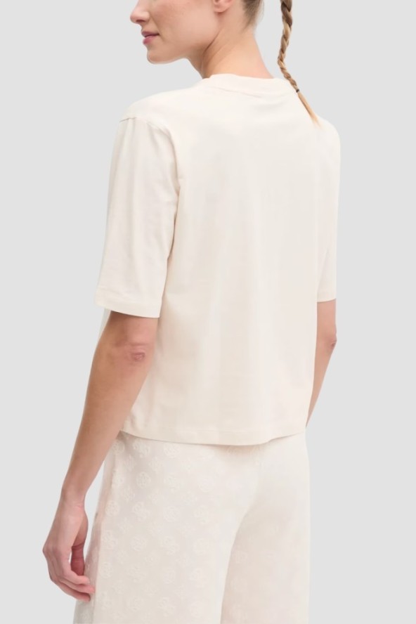 GUESS Kremowy bawełniany t-shirt damski Colette Boxy, Rozmiar M