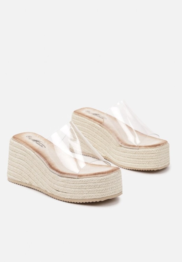 Beżowe Klapki na Koturnie z Plecionką z Transparentną Cholewką Deoriel