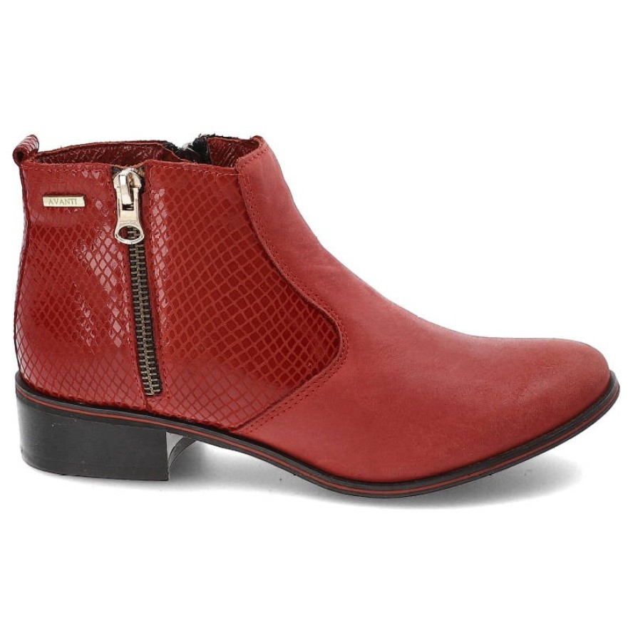 Botki damskie Avanti, licowa skóra naturalna z ozdobną fakturą i gładkim noskiem zapinane na suwak i na płaskiej podeszwie, czerwony, 191