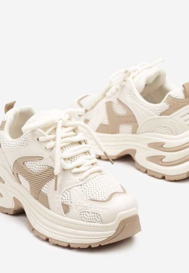 Beżowe Sneakersy na Platformie z Tłoczeniem i Geometrycznym Wzorem Melvila