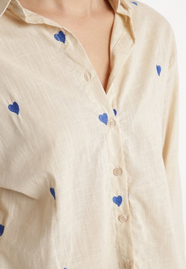 Beżowa Koszula z Bawełny Ozdobiona Sercami Aslotis