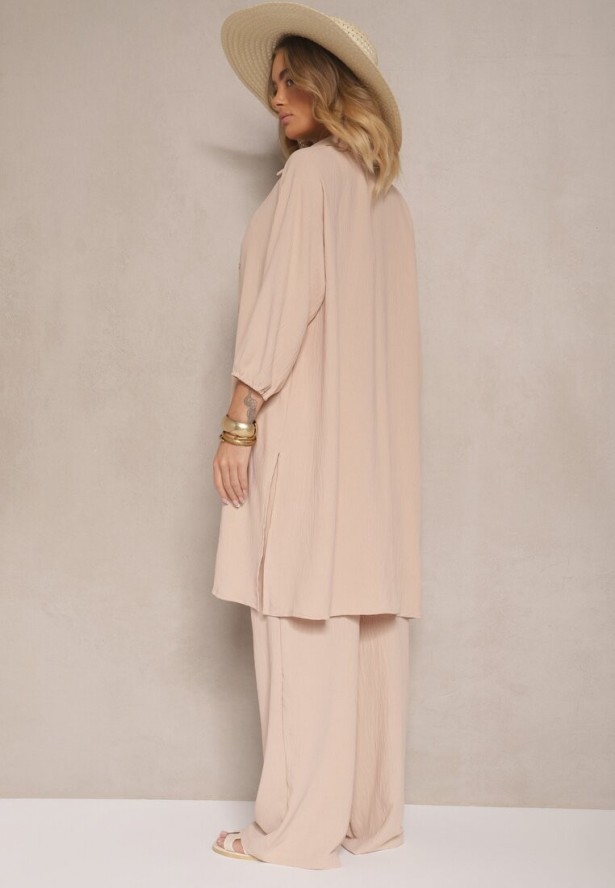 Beżowy Komplet Spodnie z Gumką w Pasie Top i Długa Koszula Arives