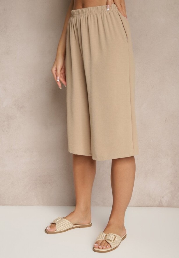 Beżowe Luźne Spodnie 3/4 z Kieszonkami Efrinea