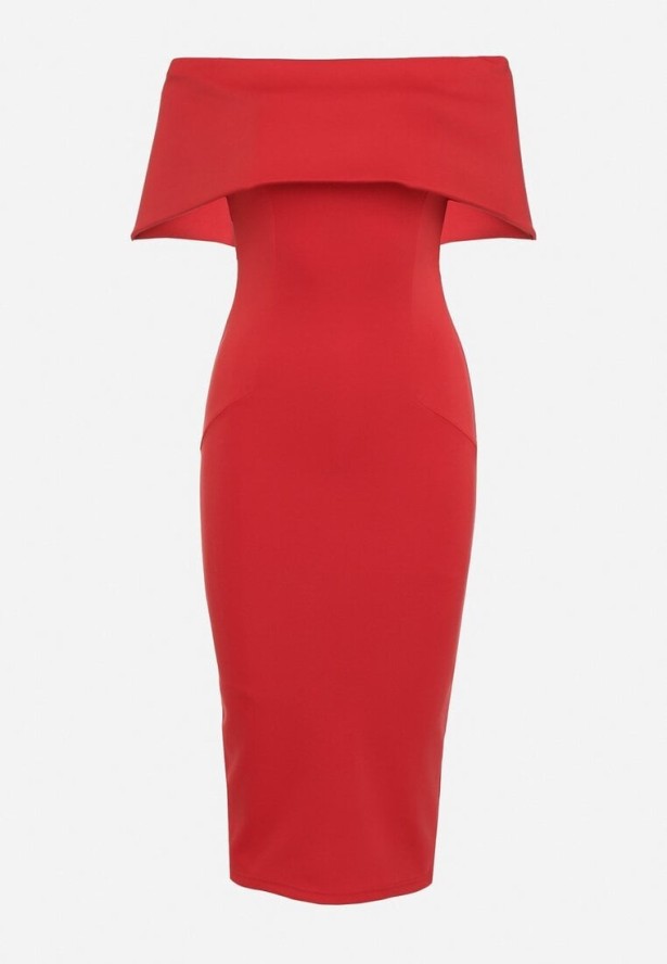 Czerwona Klasyczna Dopasowana Sukienka z Wywiniętym Dekoltem Luvlia