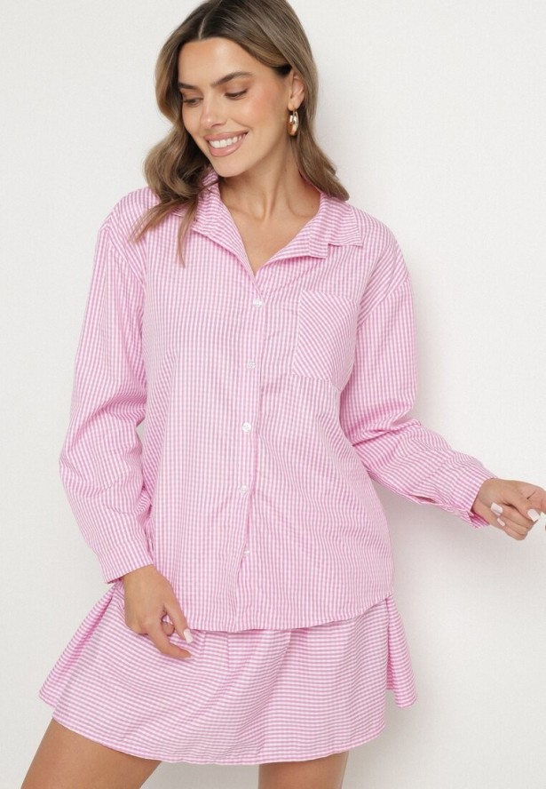 Różowy Komplet Koszula i Rozkloszowana Spódnica Novarene