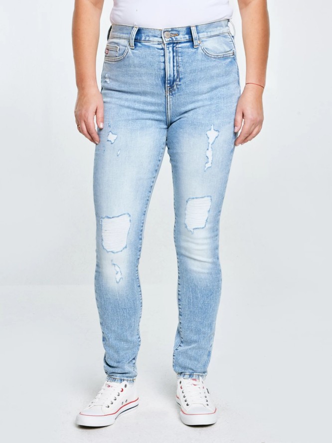 Jeansy damskie z wysokim stanem z przetarciami jasnoniebieskie Adela High Waist 156