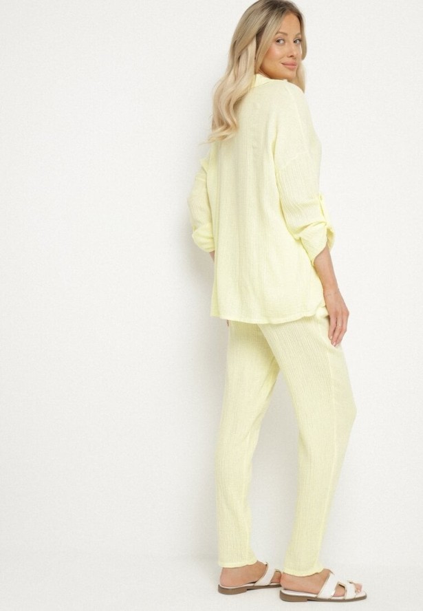 Żółty Bawełniany Komplet Muślinowy Koszula z Regulowanymi Rękawami i Spodnie Janilene