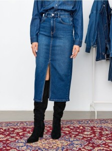 Jeansowa spódnica midi z rozcięciem - granatowy