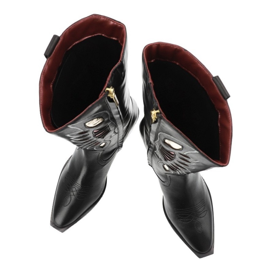 Kowbojki damskie Gioseppo, skórzane z noskiem w szpic na klocku z wysoką cholewką i zapinane na zamek, czarne, Nisswa-76094