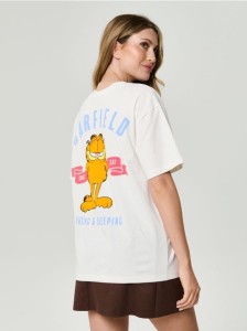 Bawełniana koszulka z nadrukiem na plecach Garfield - kremowy