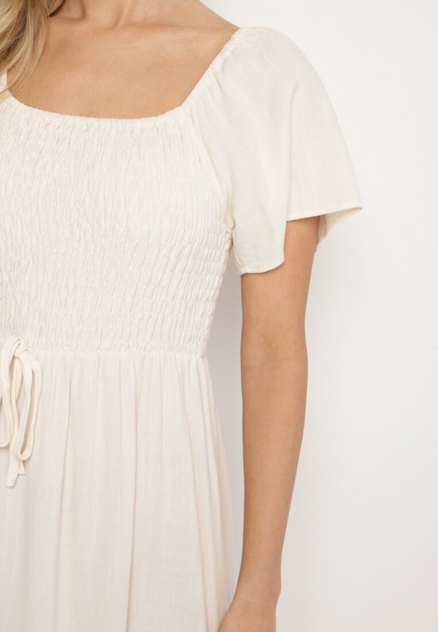 Jasnobeżowa Sukienka z Wiskozą Lnem i Elastyczną Górą Ellisena